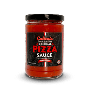 A jar of Caliente Original Pizza Sauce with a black label, red text, and a black screw-on lid displayed on a white background, perfect for recreating that authentic Pittsburgh pizza experience at home.
