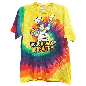 Tie-dye t-shirt with "Dough Daddy Brewery" text and a cartoon chef holding pizza and beer. The chef's apron says "Who's Your Daddy?.