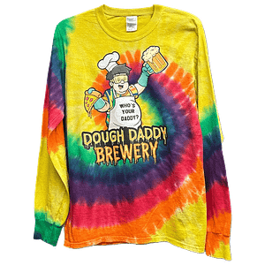 A long-sleeve tie-dye shirt with "Dough Daddy Brewery" and a cartoon chef holding pizza and beer, captioned "Who's Your Daddy?.