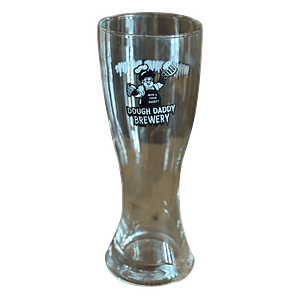 16oz pilsner glass with "Dough Daddy Brewery" logo of a chef holding pizza and beer on black background.