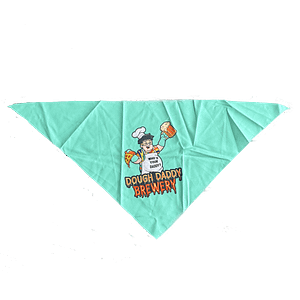 A turquoise Dough Daddy Bandana featuring a cartoon chef with pizza and beer, plus "Dough Daddy Brewery" and "Who's Your Daddy?" text.