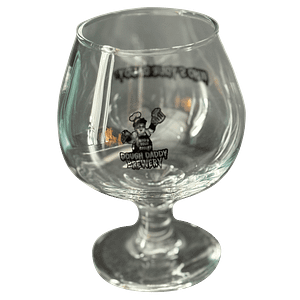 Dough Daddy Snifter" glass features the logo and cartoon chef against a black background.