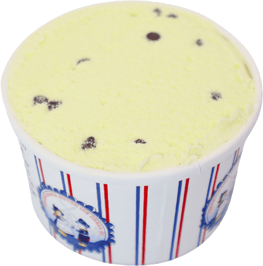 A tub of mint chocolate chip ice cream with chocolate chunks, in a white container with blue and red stripes and a winter scene illustration, perfect for enjoying after a delicious dinner from your favorite Pittsburgh Pizzeria.