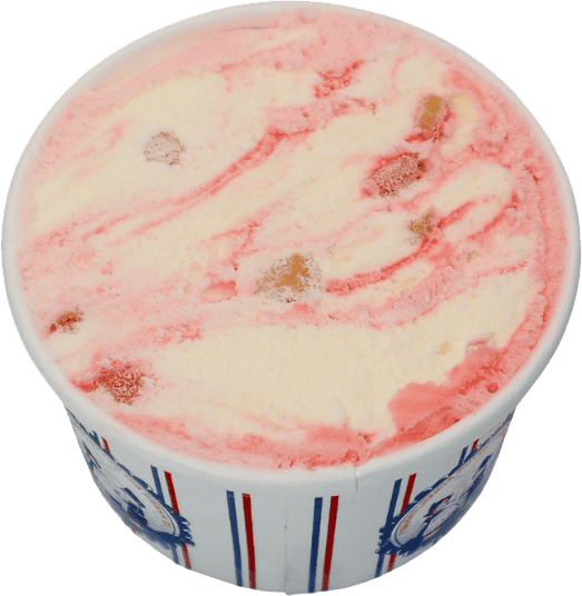 A tub of ice cream with a red and white swirl pattern inside, in a container with blue and red stripes, perfect for enjoying after a visit to Caliente Pizza or while hanging out at your favorite Craft Beer Bar in Pittsburgh.