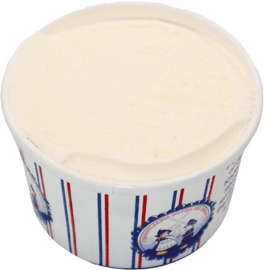 A round container of plain vanilla ice cream with a partially uncovered lid, featuring a striped blue and red design with a logo reminiscent of Pittsburgh Pizza branding.