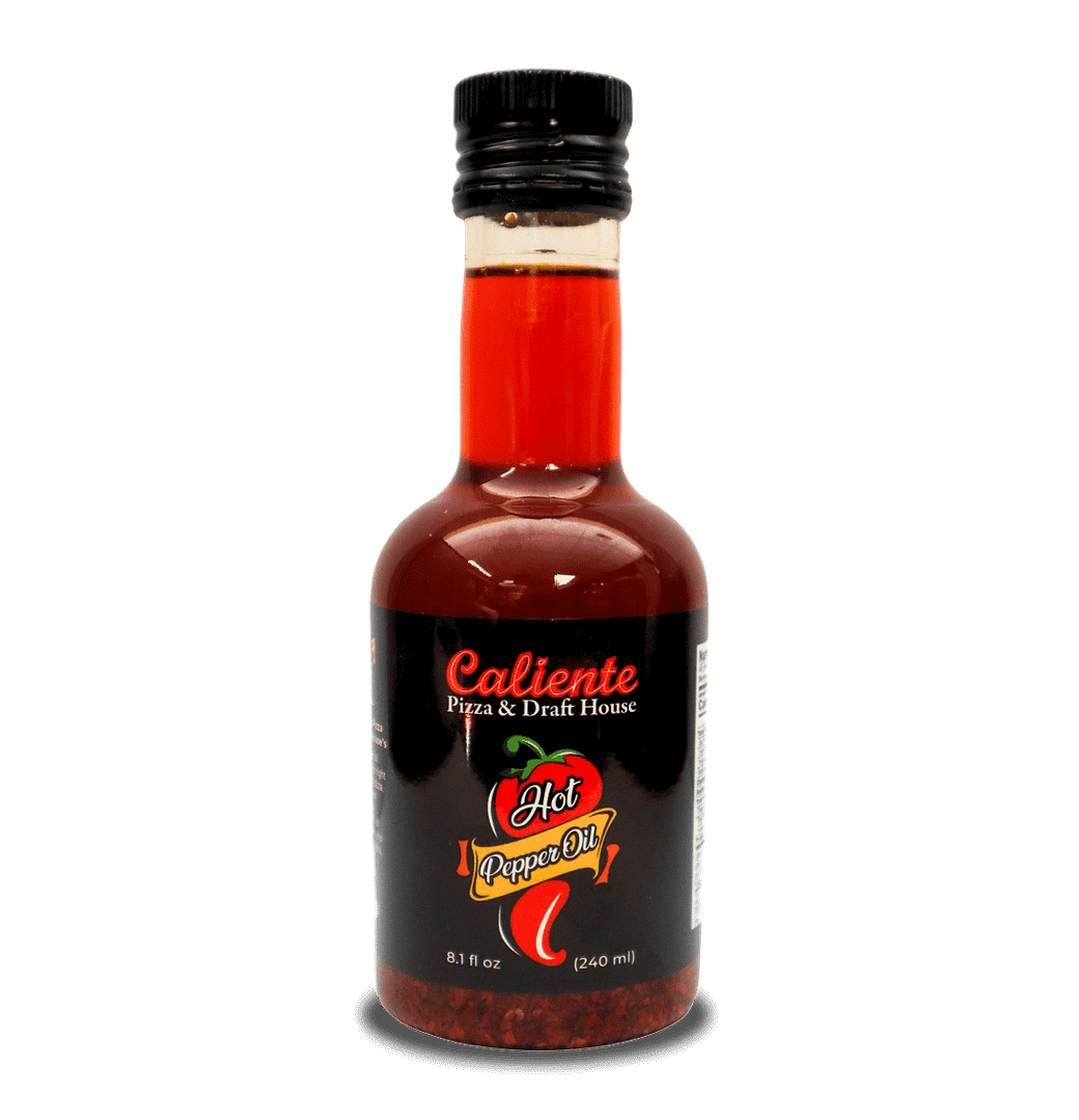 A bottle of Caliente Hot Pepper Oil, 8.1 fl oz (240 ml), with a black label and red accents, featuring a red chili pepper graphic that captures the fiery spirit of this Pittsburgh Pizzeria's famed oil.
