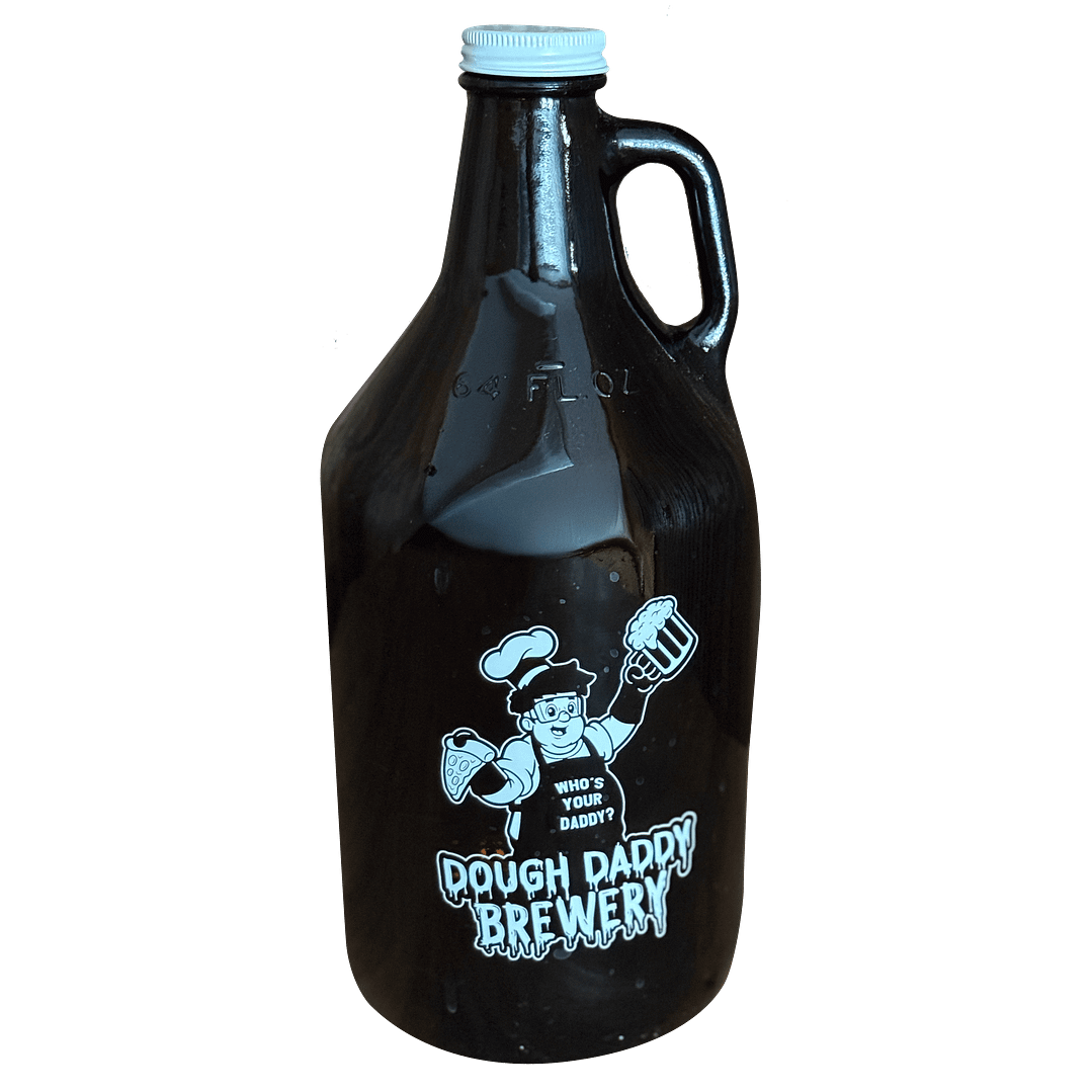 The Dough Daddy Growler is a dark glass growler with a white cap, featuring a cartoon chef with pizza and beer, labeled "Dough Daddy Brewery.