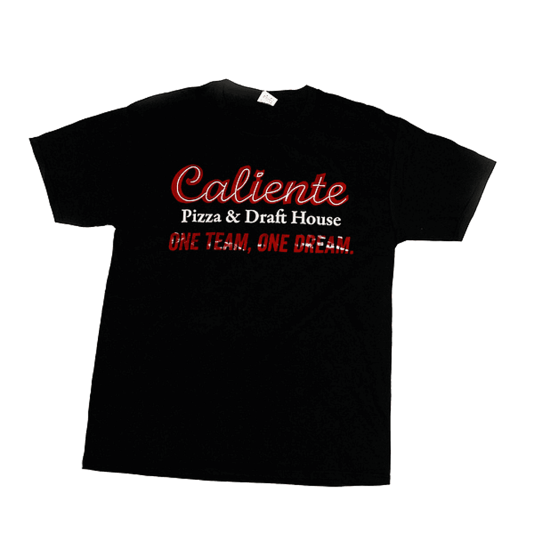 The Caliente Official T-Shirt is a black t-shirt featuring "Caliente Pizza & Draft House" in white and red text, along with "ONE TEAM, ONE DREAM..." in red text on the front—perfect for fans of Pittsburgh Pizza.