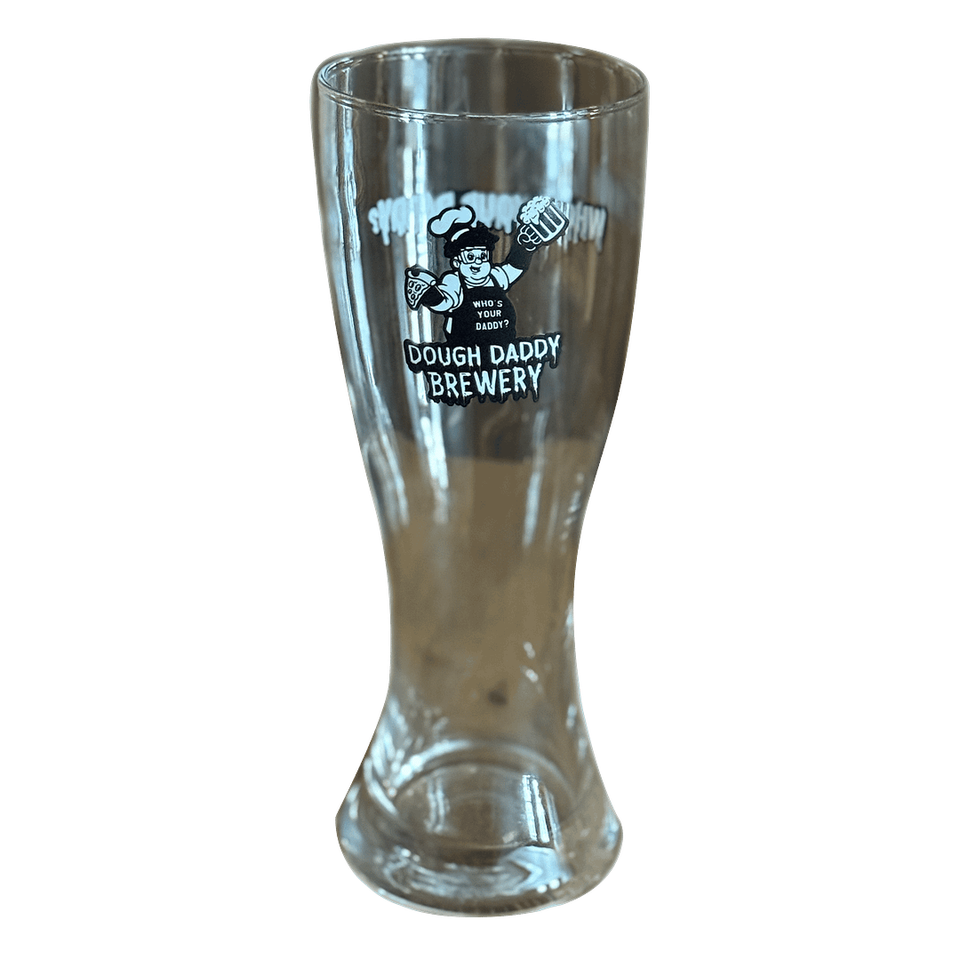 16oz pilsner glass with "Dough Daddy Brewery" logo of a chef holding pizza and beer on black background.