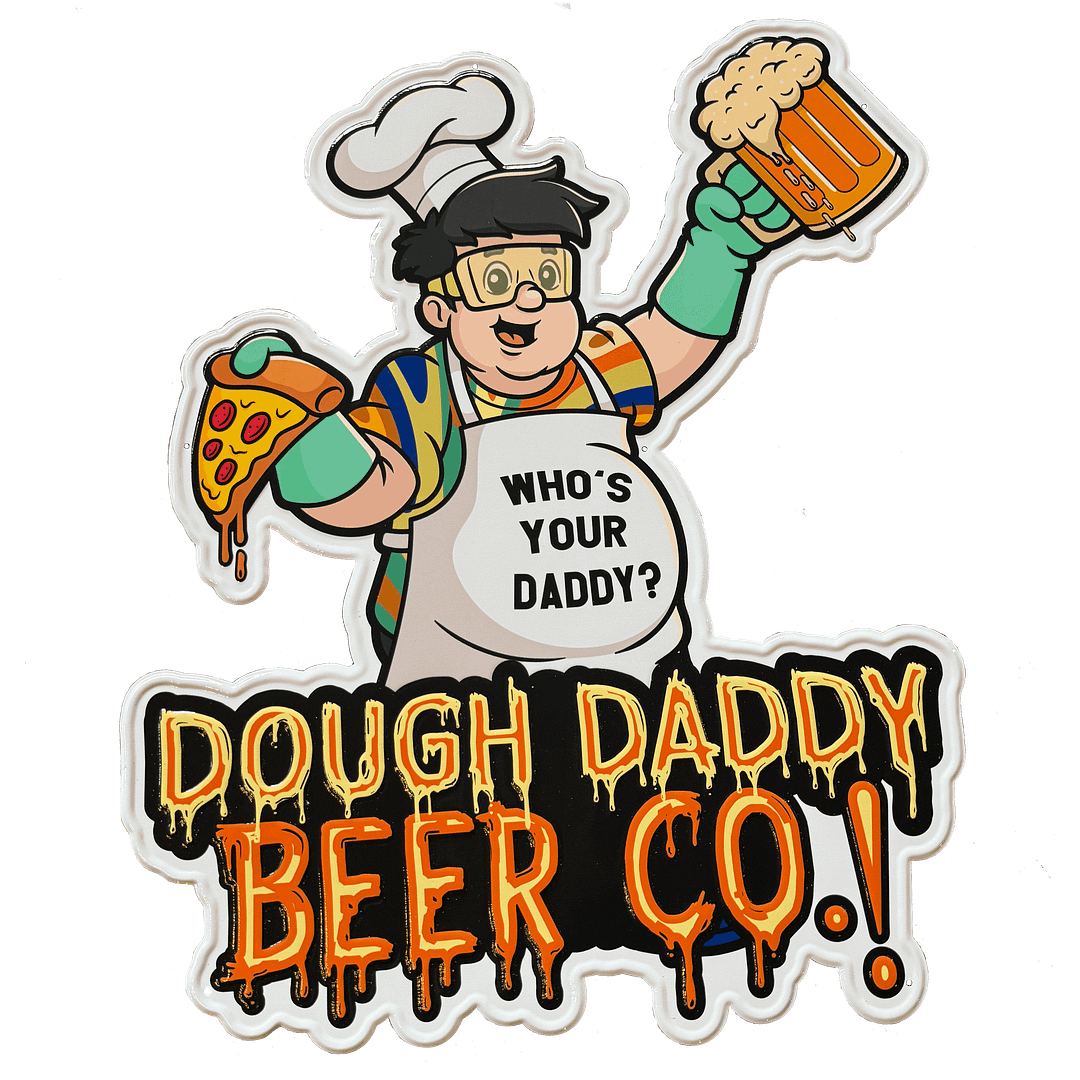 Character illustration: glasses, pizza slice, beer mug, chef hat, apron with "Who's Your Daddy?" for Dough Daddy Tin Tacker.