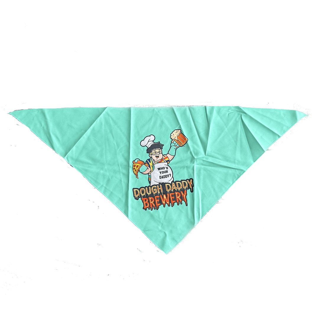 A turquoise Dough Daddy Bandana featuring a cartoon chef with pizza and beer, plus "Dough Daddy Brewery" and "Who's Your Daddy?" text.