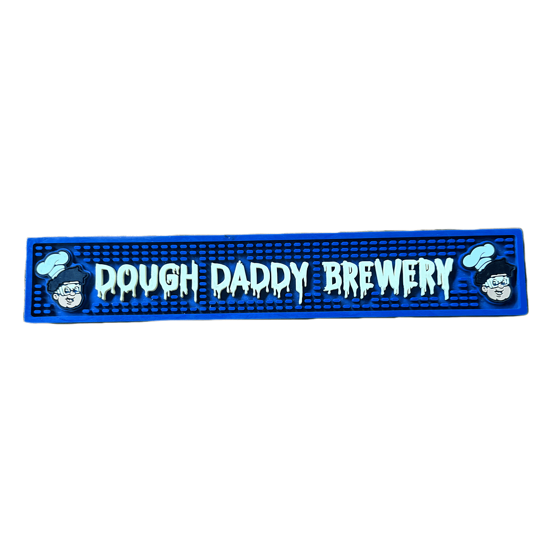 Blue Dough Daddy Bar Mat: Bold white text with "Dough Daddy Brewery" and cartoon chefs, ideal for a lively bar atmosphere.