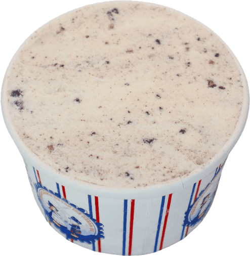 Ice cream container filled to the rim with cookies and cream flavored ice cream, featuring a blue, red, and white striped design on the exterior—perfect for enjoying after a visit to Caliente Pizza in Pittsburgh.