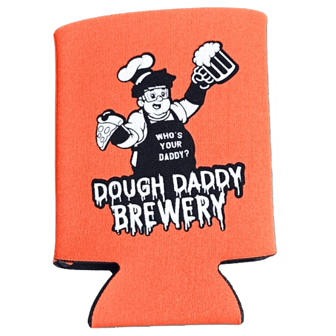 Orange can cooler with a cartoon chef holding a beer mug and dough. Text reads "Who's Your Daddy? Dough Daddy Brewery.