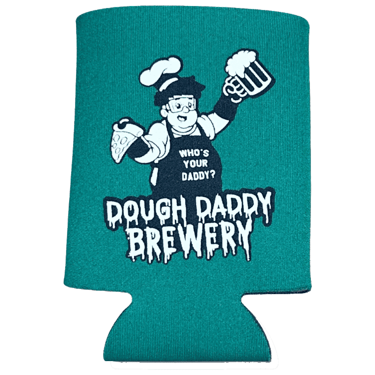 Green drink koozie with a cartoon chef holding a beer and pizza slice. Text reads "Who's Your Daddy?" and "Dough Daddy Brewery.
