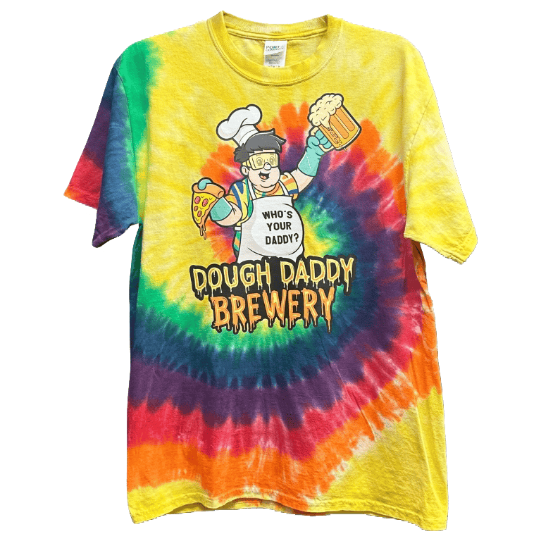 Tie-dye t-shirt with "Dough Daddy Brewery" text and a cartoon chef holding pizza and beer. The chef's apron says "Who's Your Daddy?.