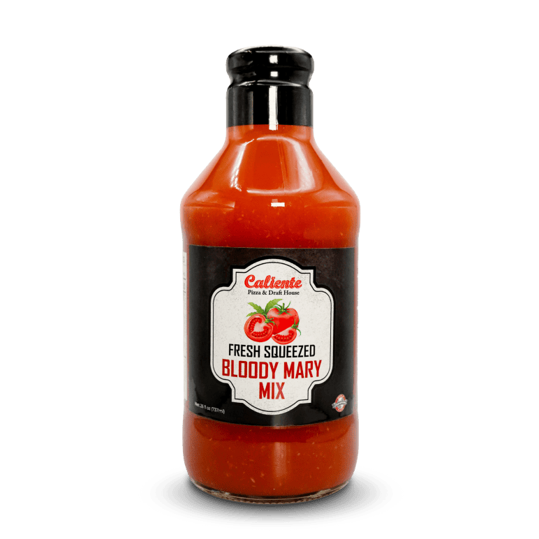 A bottle of Caliente Bloody Mary Mix, inspired by Pittsburgh Pizza, featuring a black label and images of tomatoes.