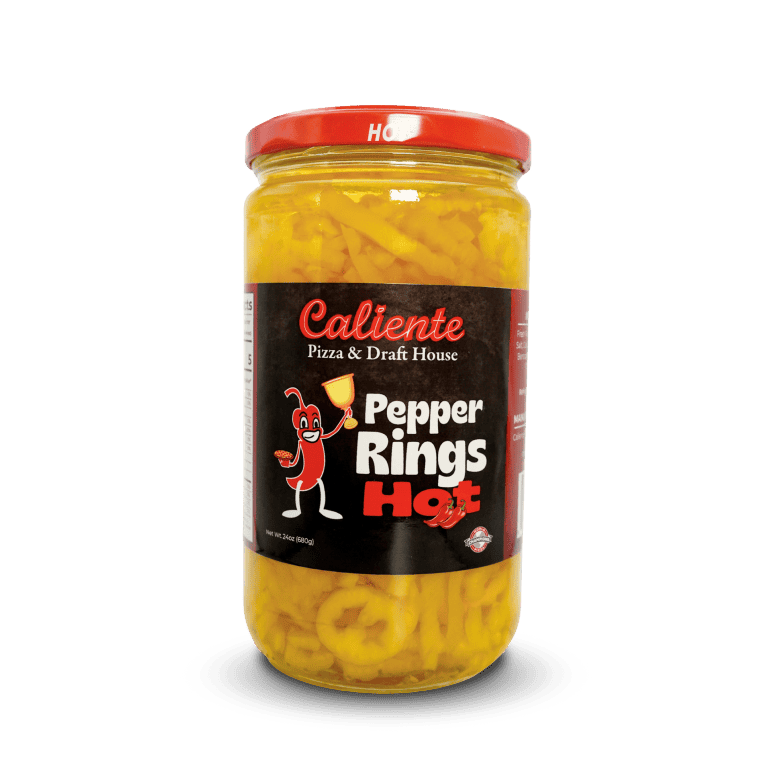 A jar of Caliente Hot Pepper Rings with a red lid and a black label featuring a cartoon chili pepper holding a slice of pizza from your favorite Pittsburgh Pizzeria.