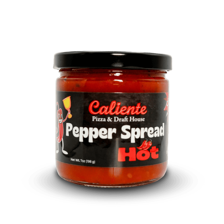 A jar labeled "Caliente Hot Pepper Spread" contains a red pepper spread, with a black lid and a capacity of 7 oz (198g). Perfect for adding some Pittsburgh Pizza flair to your dishes or enjoying at the Craft Beer Bar in Pittsburgh.