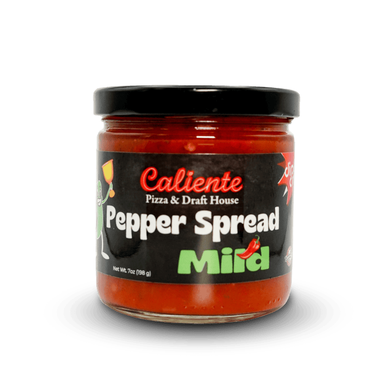 A jar of Caliente Mild Pepper Spread. The label indicates it is a mild variety, perfect for adding a touch of Pittsburgh pizza flair to your dishes. The net weight is 7 ounces (198 grams).