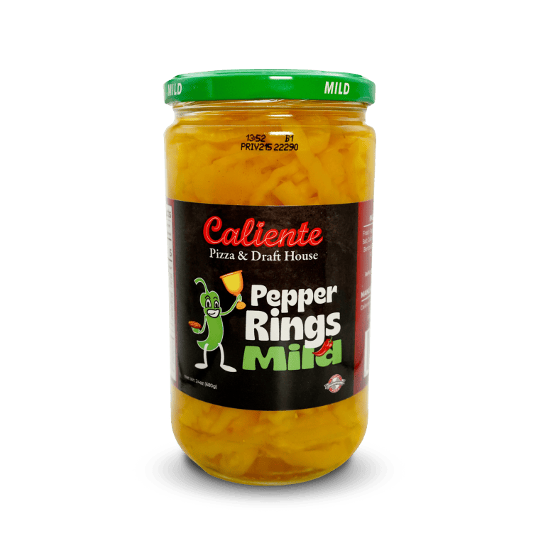 A jar of Caliente Mild Pepper Rings with yellow pepper rings clearly visible. The label, from the renowned Pittsburgh Pizzeria, features a black background with red and white text alongside a cartoon pepper.