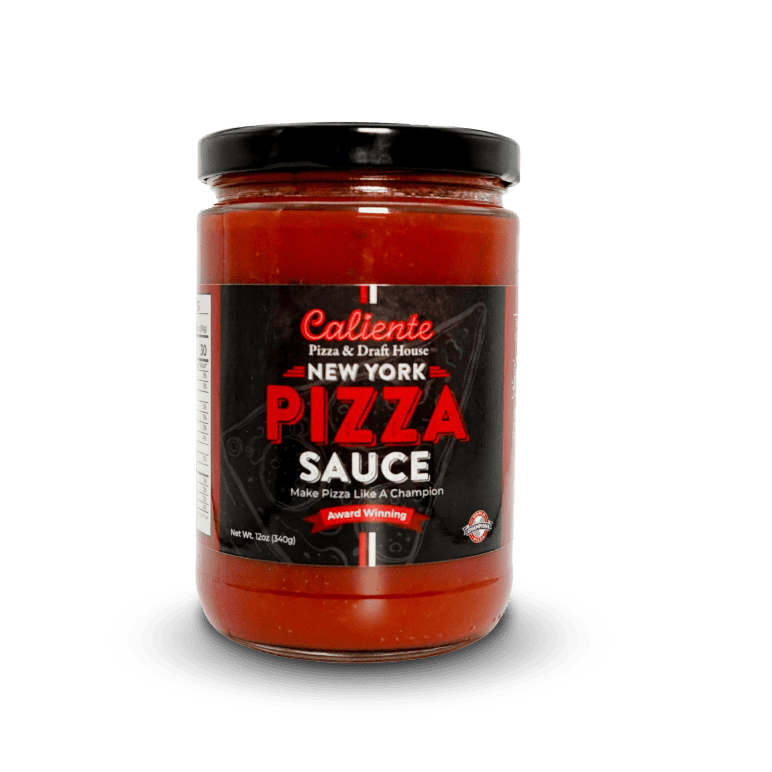 A jar of Caliente New York Pizza Sauce. The label reads "Make Pizza Like a Champion," proudly highlighting its award-winning status. Perfect for replicating the iconic taste found at the best Pittsburgh pizza places and craft beer bars in Pittsburgh.