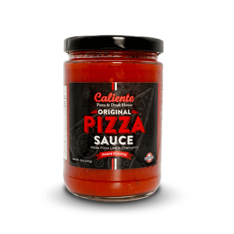 A jar of Caliente Original Pizza Sauce with a black label, red text, and a black screw-on lid displayed on a white background, perfect for recreating that authentic Pittsburgh pizza experience at home.