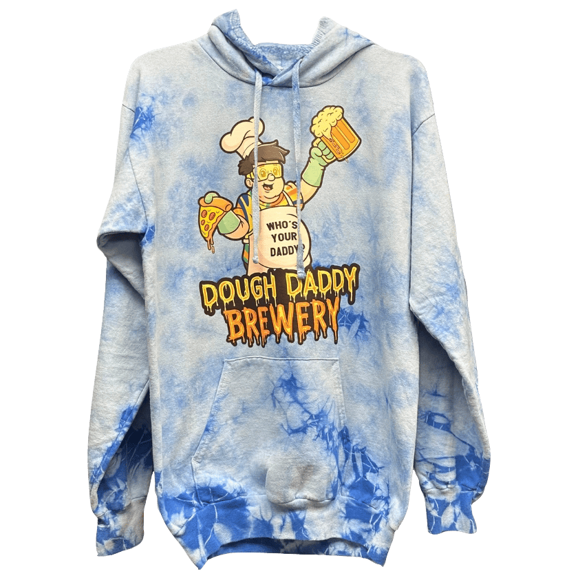 Blue tie-dye hoodie with a cartoon chef holding a beer and pizza. Text reads "Who’s Your Daddy, Dough Daddy Brewery.