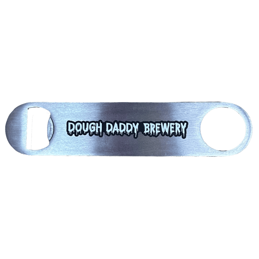 Silver metal bottle opener with "Dough Daddy Brewery" written in black, drippy letters across the center.