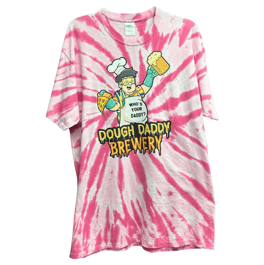 A pink tie-dye t-shirt with a cartoon chef holding pizza and a beer. Text reads "Who's Your Daddy? Dough Daddy Brewery.