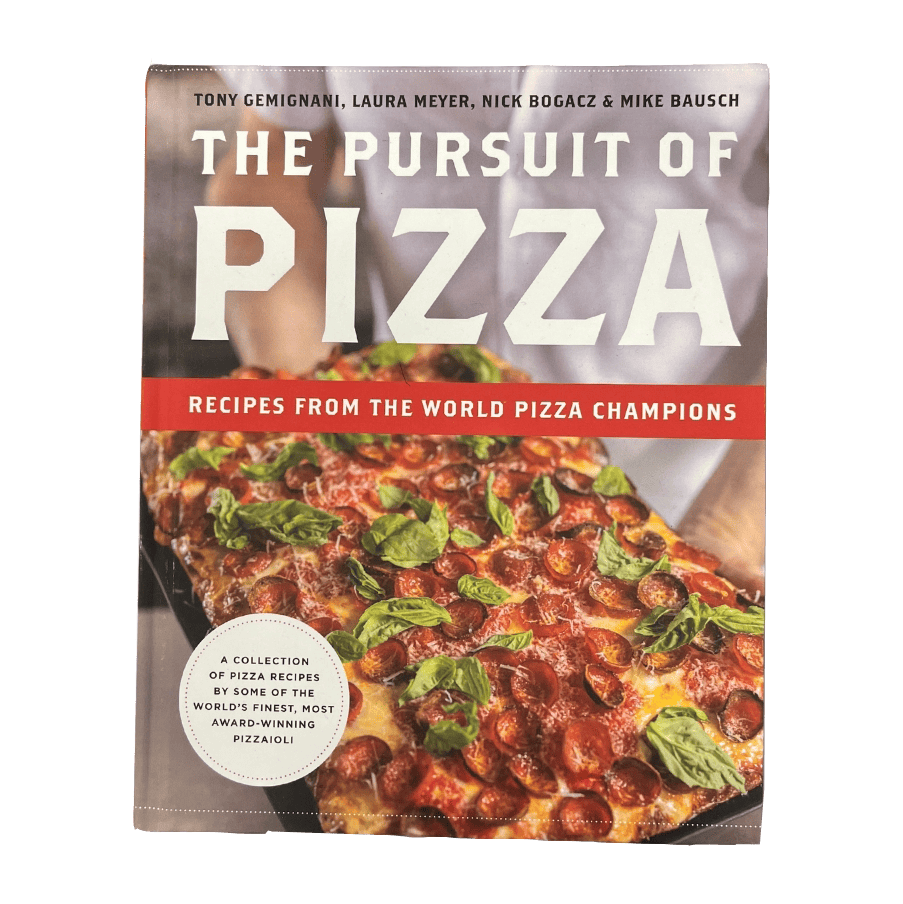 Cover of "In The Pursuit of Pizza" by World Pizza Champions, with a rectangular pepperoni and basil pizza. Authors are listed at the top.