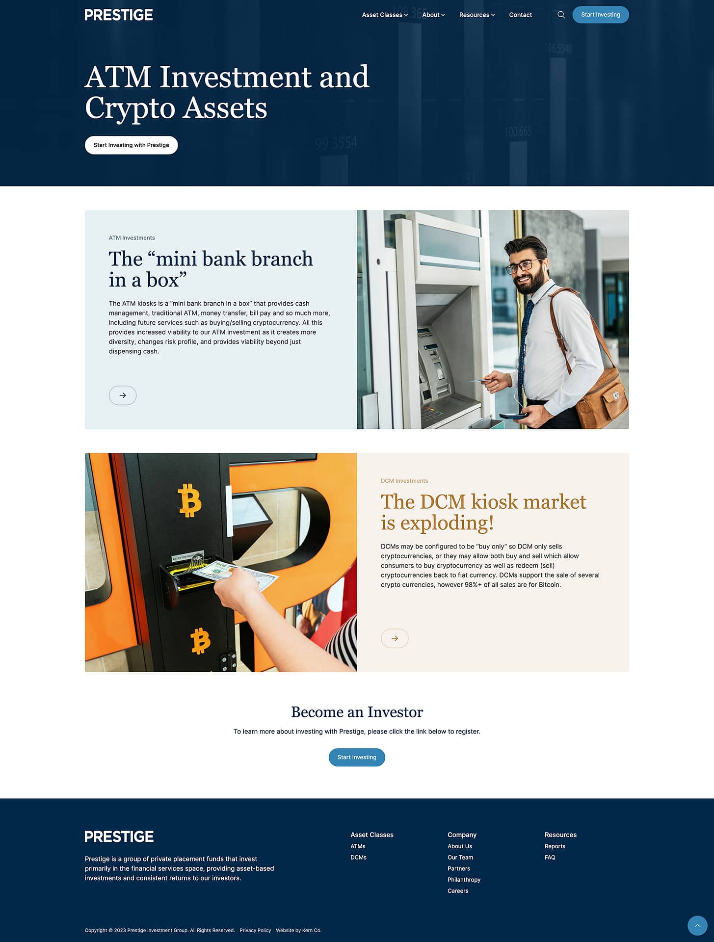 Prestige Investment Group website asset classes page design