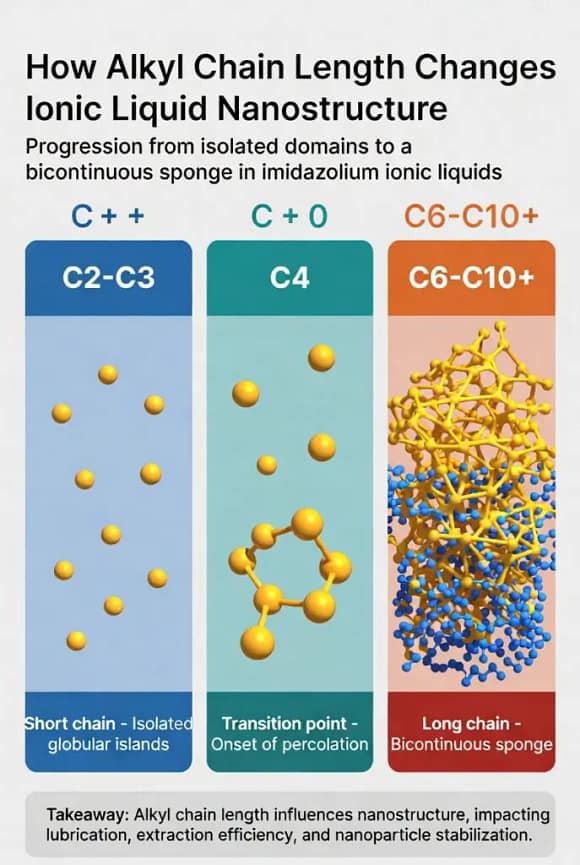 Diagram showing how imidazolium ionic liquids develop nanoscale segregation as the alkyl chain length increases. On the left, short‑chain cations (C2–C3) form small, isolated nonpolar clusters dispersed within a continuous polar network. In the middle, intermediate chains (around C4) show the first signs of percolation, where nonpolar regions begin to connect. On the right, long‑chain cations (C6–C10 and above) create a fully bicontinuous, sponge‑like structure with intertwined polar and nonpolar domains. A corresponding SAXS trend indicates the emergence and growth of a low‑Q nanostructuring peak as chain length increases.