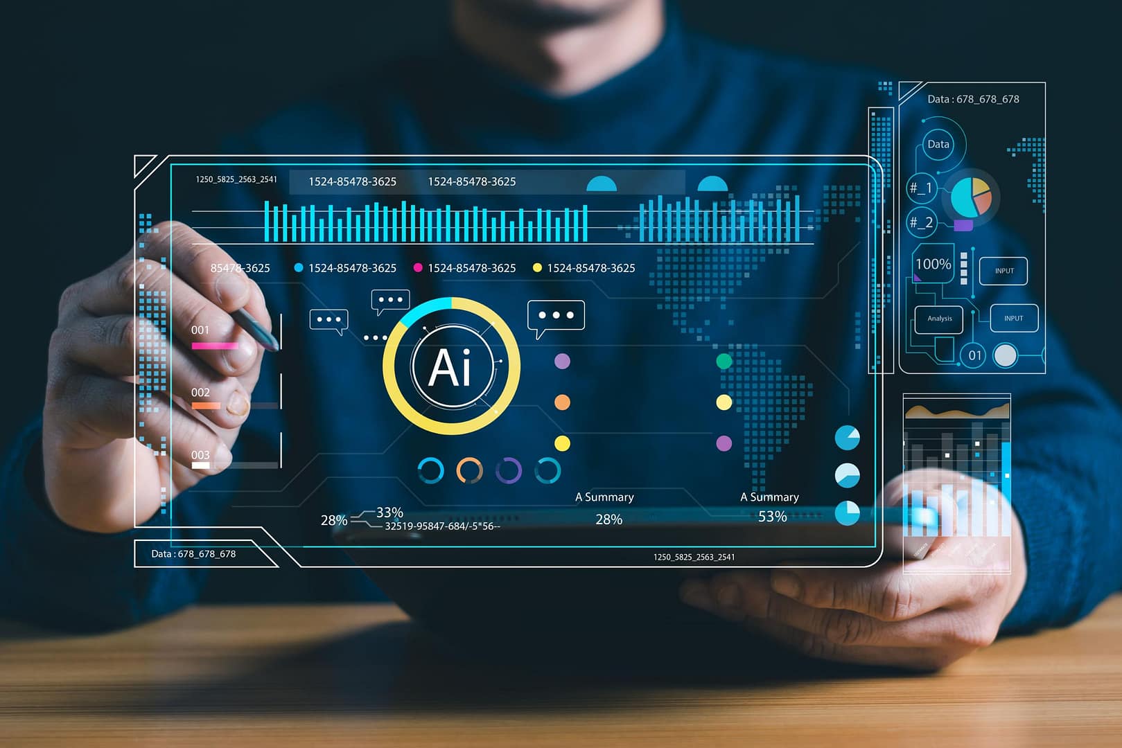 A person using a stylus on a tablet that displays a glowing, futuristic holographic dashboard focused on artificial intelligence data analytics, featuring an "Ai" logo, charts, and digital metrics.