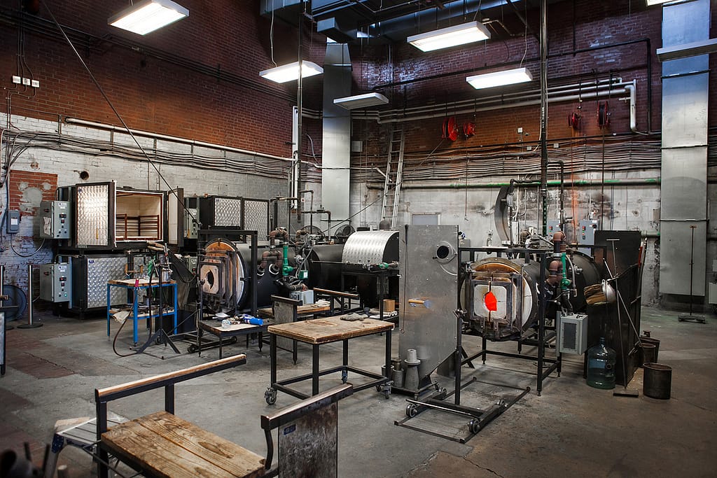 Hot glass studio space at GoggleWorks Center for the Arts
