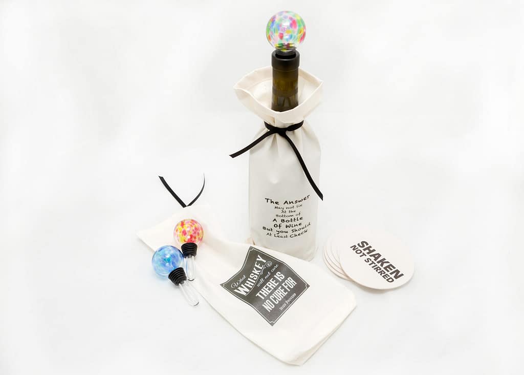 beverage necessities.Sharon HIginbotham.Hernrietta glass.and paisley press coasters