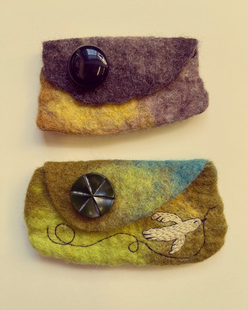 Embroidered wet felted pouches textile fiber art