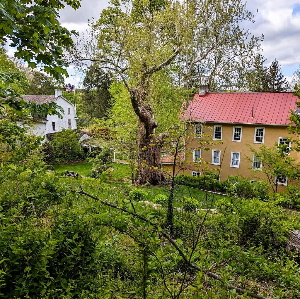 A view of the preserved Lincoln and Washington building event space and wedding venue on the grounds of the historic village from the trails