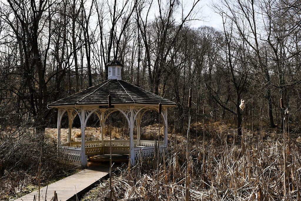 The walkway approaching the preserved historic yellow springs gazebo and gardens.