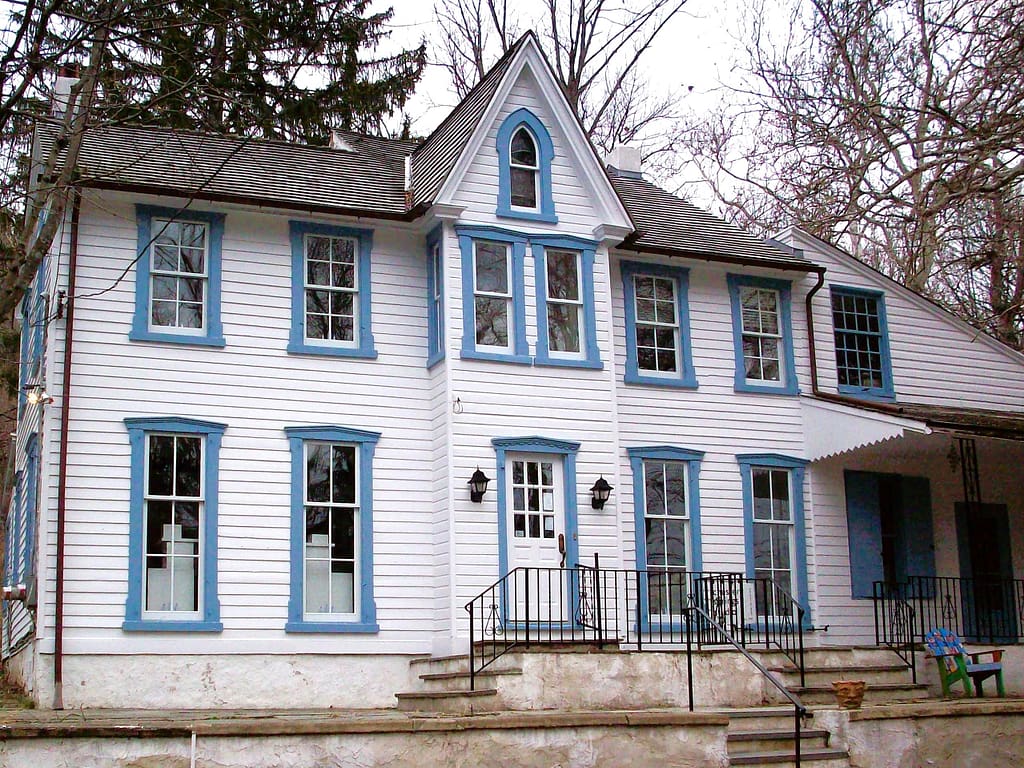 Front facade of the historic Connie's house building in the village of Yellow Springs, part of the National Register of Historic Places.