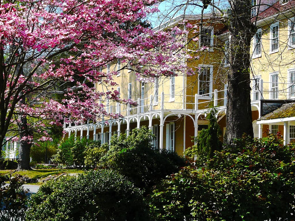 The portico walkway approaching the preserved historic Washington building, wedding venue, and courtyard gardens.