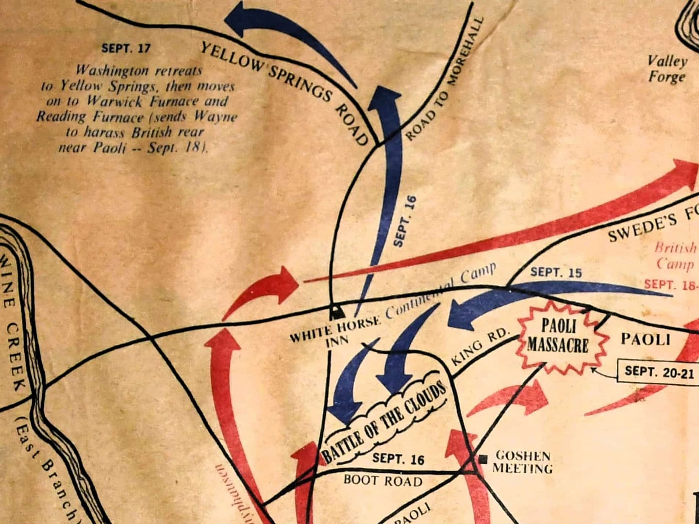 A map of the historic village of yellow springs when it was used during the revolutionary War. The foundation ruins are still visible in the village of yellow springs.