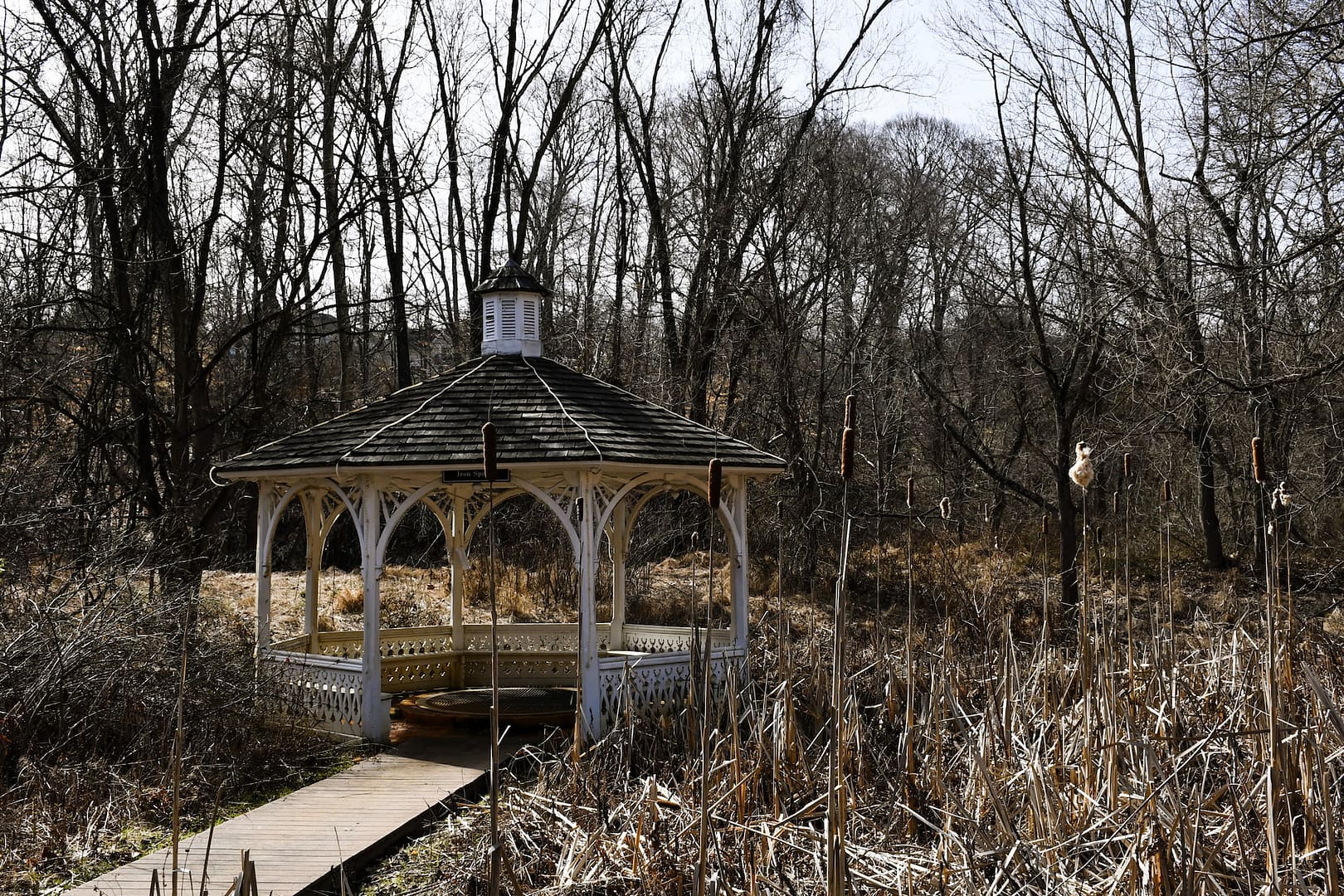 The walkway approaching the preserved historic yellow springs gazebo and gardens.