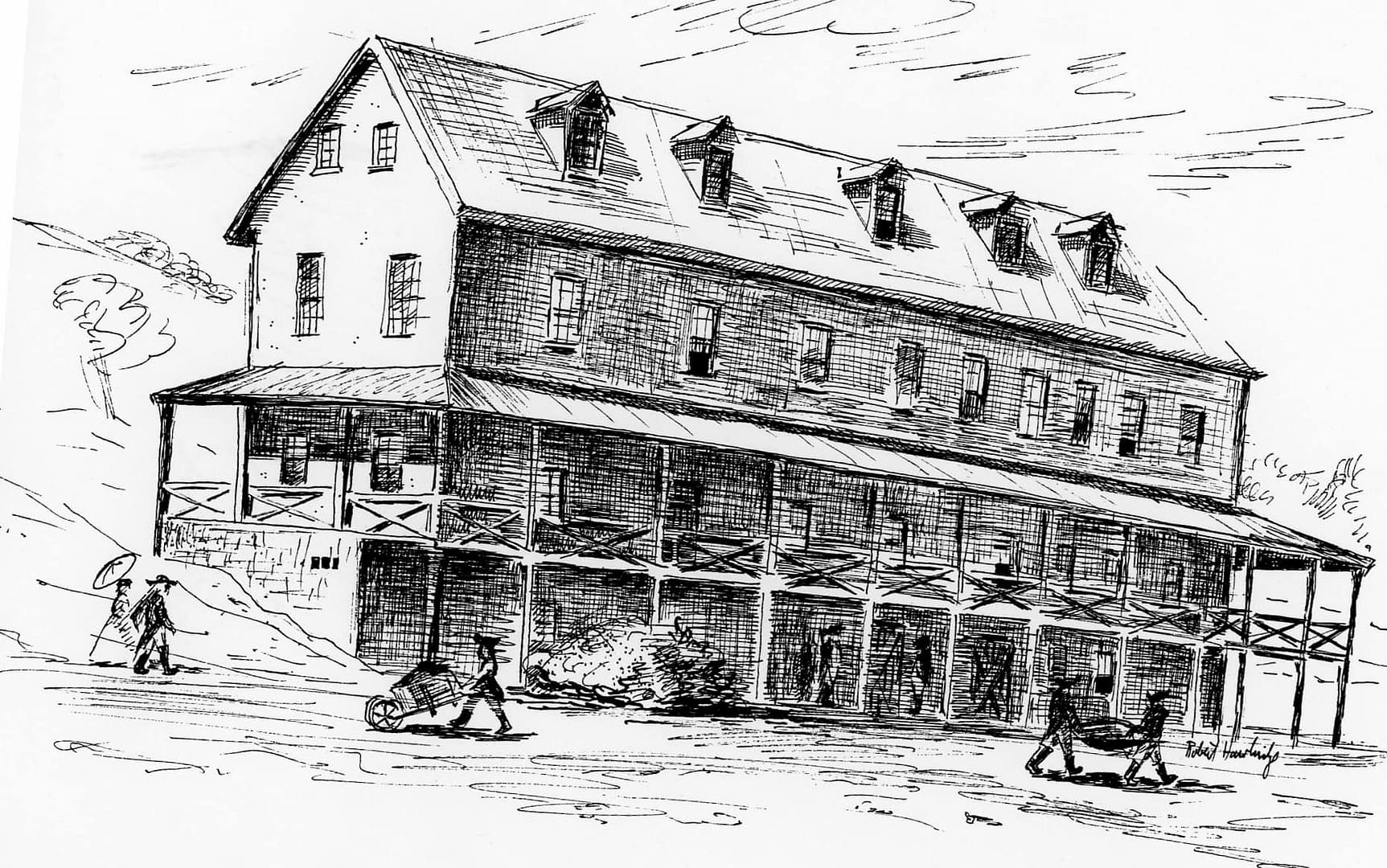 A rendering of the historic Washington hall when it was used during the revolutionary War the foundation ruins are still visible in the village of yellow springs