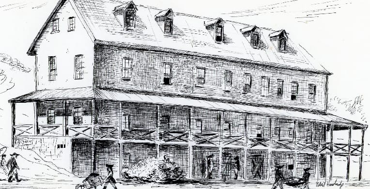 A small pen and ink drawing of the Revolutionary War Hospital at Yellow Springs
