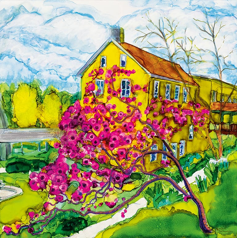 Artwork depicting the gardens and grounds of historic yellow springs and the preserved buildings.