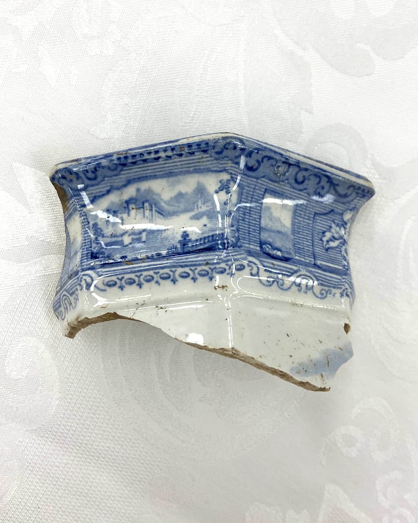 Fragment of pottery found at Historic Yellow Springs (undated). Blue and white transferware. 