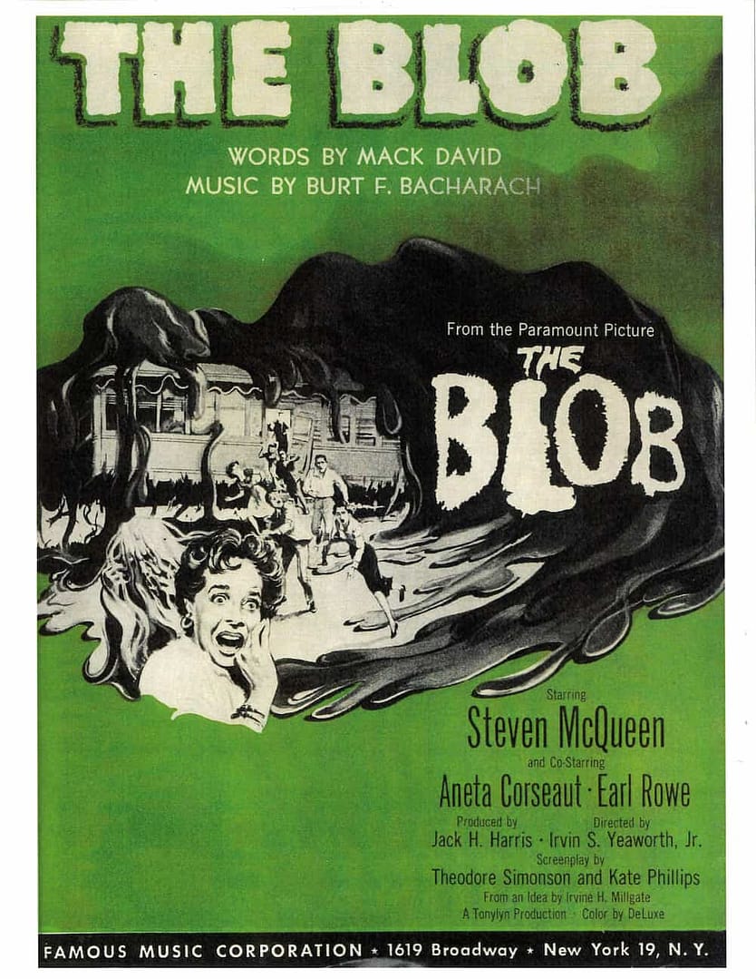 The movie poster for the film "The Blob" that was filmed and produced at historic yellow springs, part of the good news productions history.