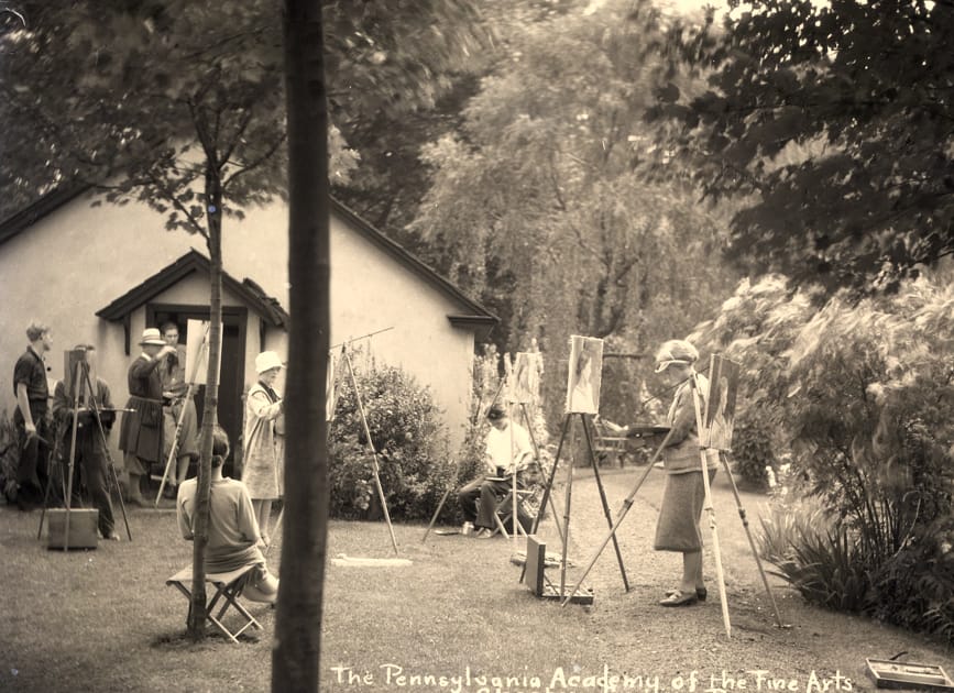 This photograph from the PAFA period shows students painting in the Bog Gardens, in front of one of the several springhouses on the Yellow Springs property.