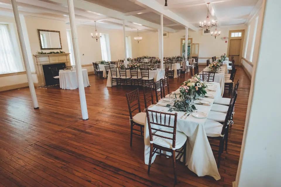 A view of the preserved wedding space and event venue hall at historic yellow springs' Washington building.